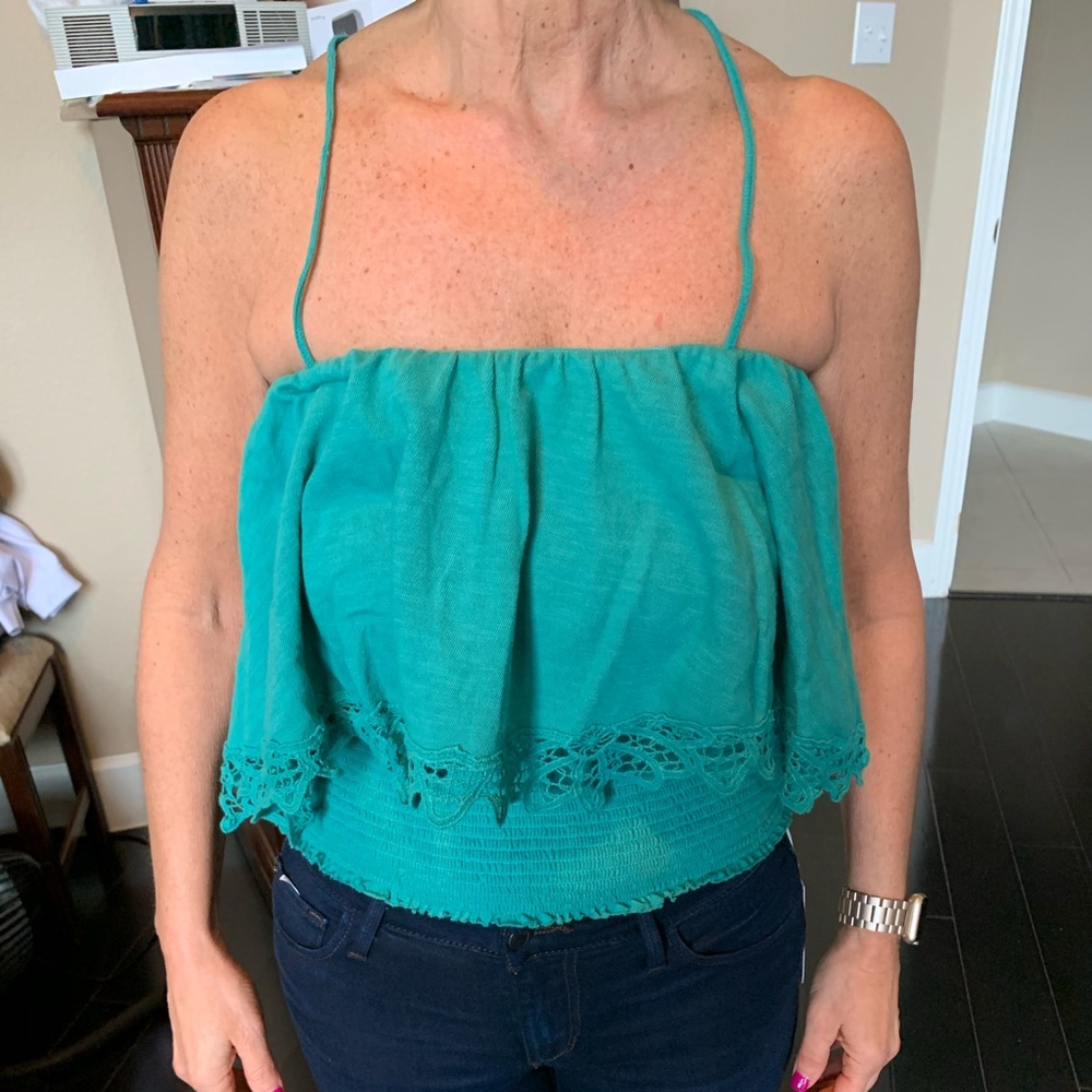 Free People Teal Eyelet Trim Spaghetti Strap Crop Top